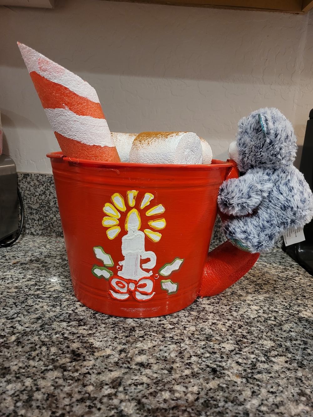 Hand-Painted Red Holiday Tin Bucket with Candle Motif